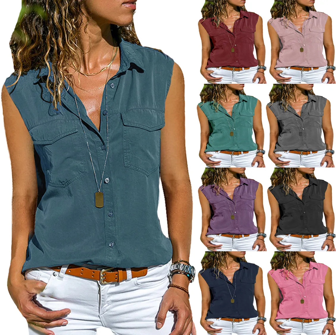 

Summer New Women's T-Shirts Lapel Sleeveless Pocket Streetwear Style Solid Color Single Breasted Cardigan Loose Fitting Vest Top