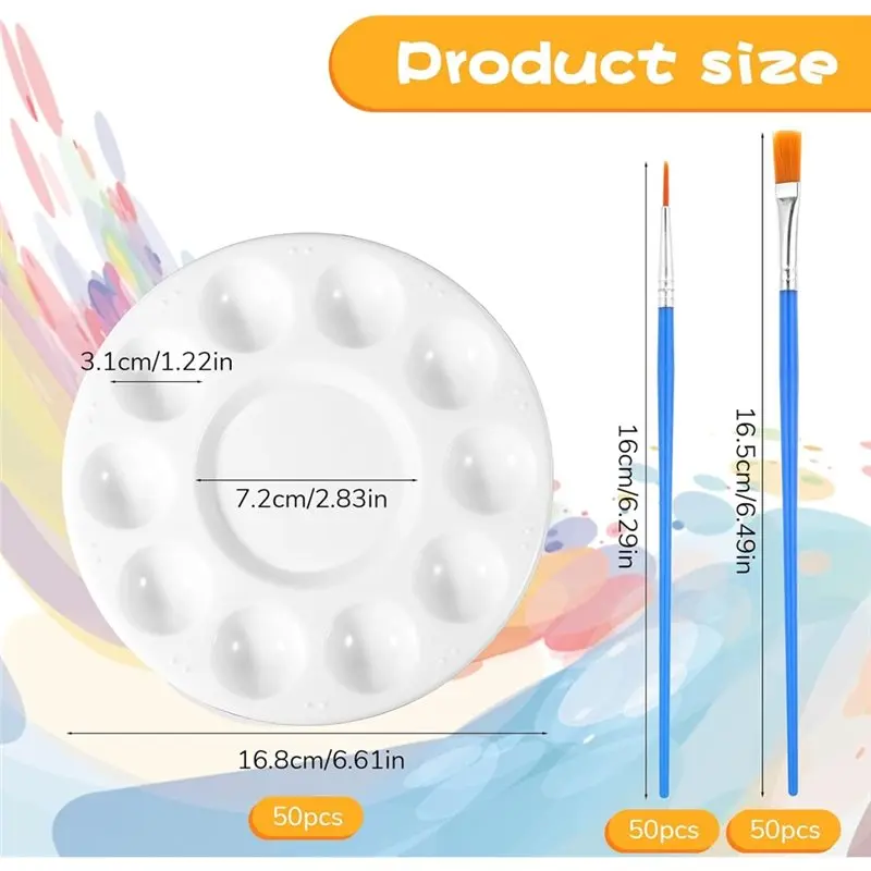 HLZS-150 Pcs 페인팅 브러쉬 팔레트 세트, 10개의 웰이 있는 50개의 페인팅 팔레트, 100개의 작은 페인트 브러쉬, 아크릴 DIY용
