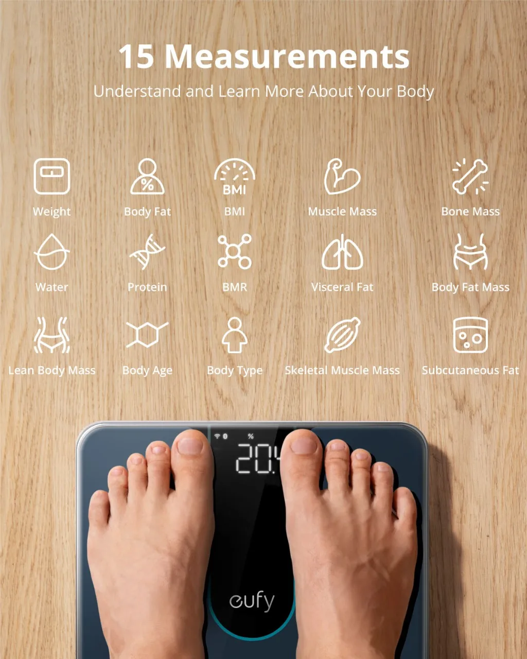 Весы для ванной eufy Smart Scale P2 цифровые с Wi-Fi Bluetooth15 измерения, включая вес, жир тела, ИМТ 50 г/0,1 фунта