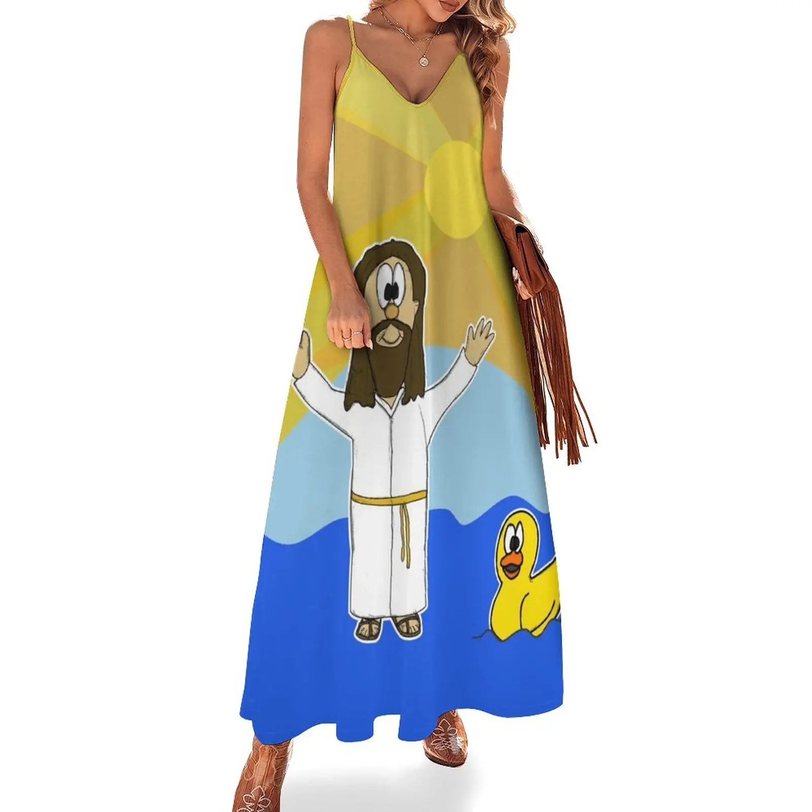 

Jesus Walking On Water Bath Duck Christian Humor Sleeveless Dress Long dresses dress for women