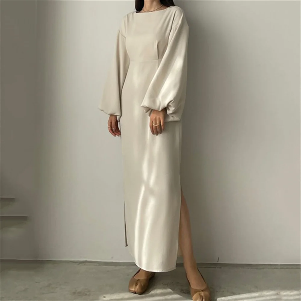 

MINGLAN Elegant White O Neck Long Puff Sleeve A Line Evening Dress High Slit Ankle Length Classy Formal Simple Prom Gown