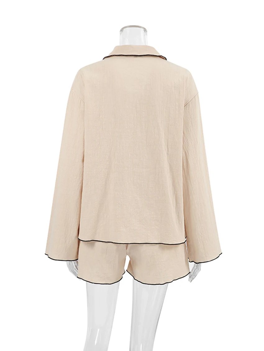 Marthaqiqi Cotton Women Sleepwear 2 Piece Suit Turn-Down Collar Pajama Long Sleeve Nightgowns Shorts Casual Ladies Nightwear Set