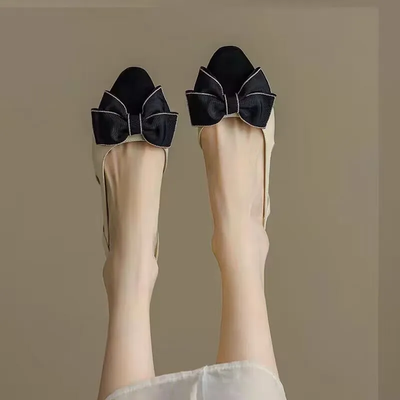 Baotou Sandals Women's Summer  New Small Fragrant Style Color-block Bow Square Toe Flat Flat with A Flat Buckle