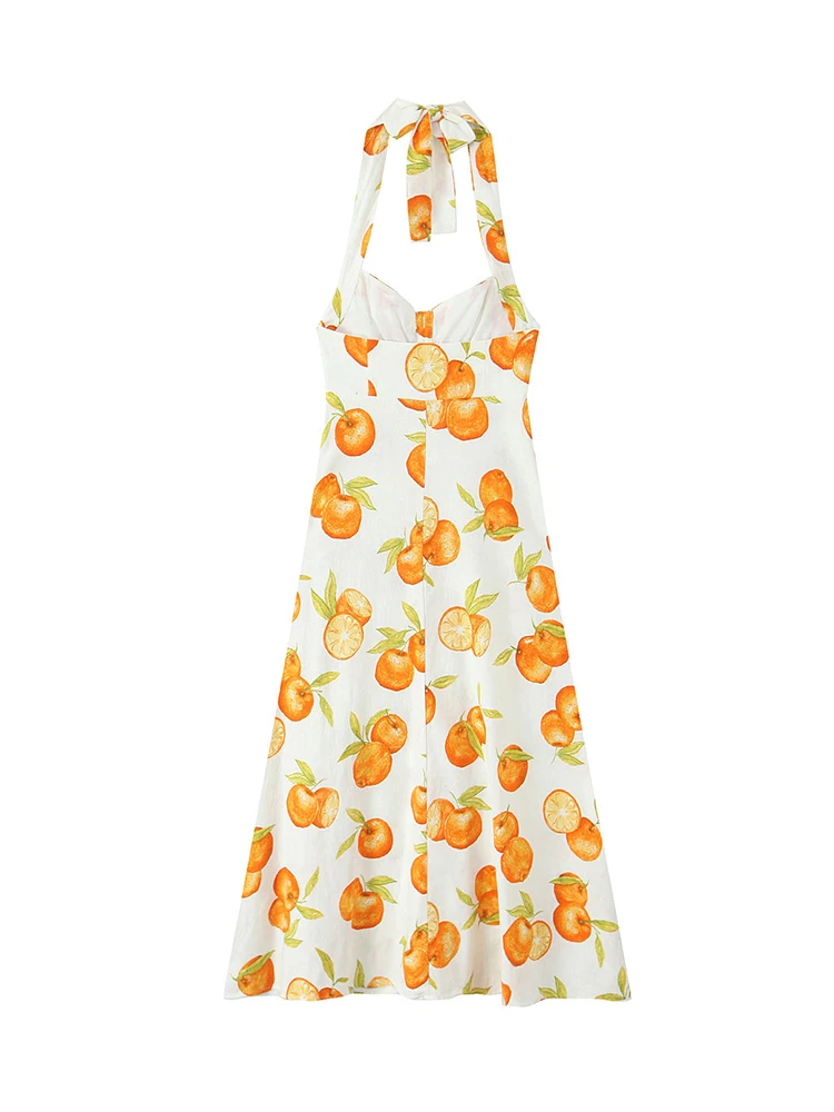 TFMLN 2025 Women Cute Print Halter Midi Dress Sexy Backless V-neck Slim Dress Female Summer New Elegant Party Evening Dress