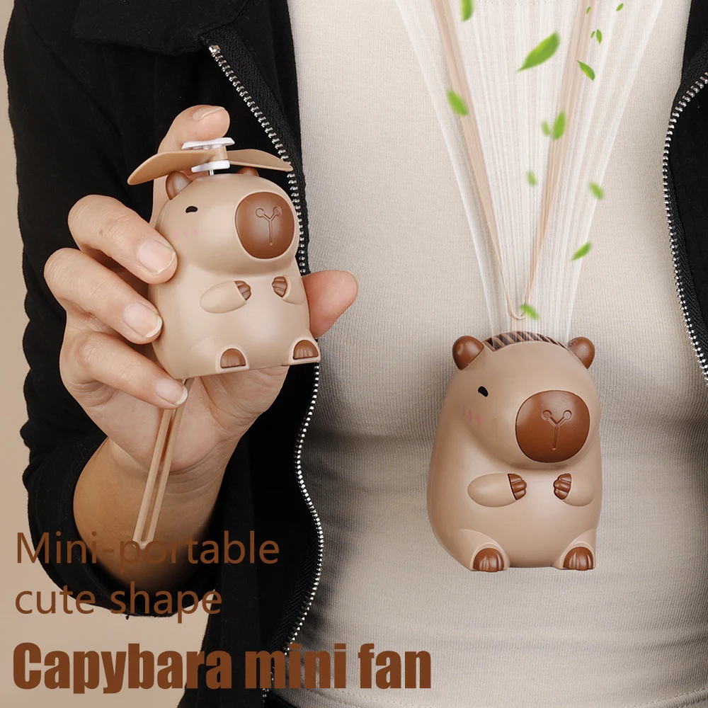 Type C Capybara Fan Mini Cartoon Bladed/Bladeless Neck Hanging Fans Portable Summer Silent Cooling Power Bank with Lanyard