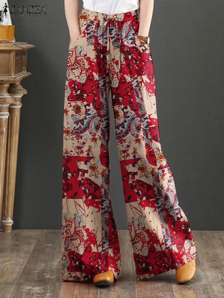 

ZANZEA Autumn Casual Floral Printed Pant Woman Fashion Wide Leg Pants Female Vintage Elastic Waist Long Trousers Oversized 2023