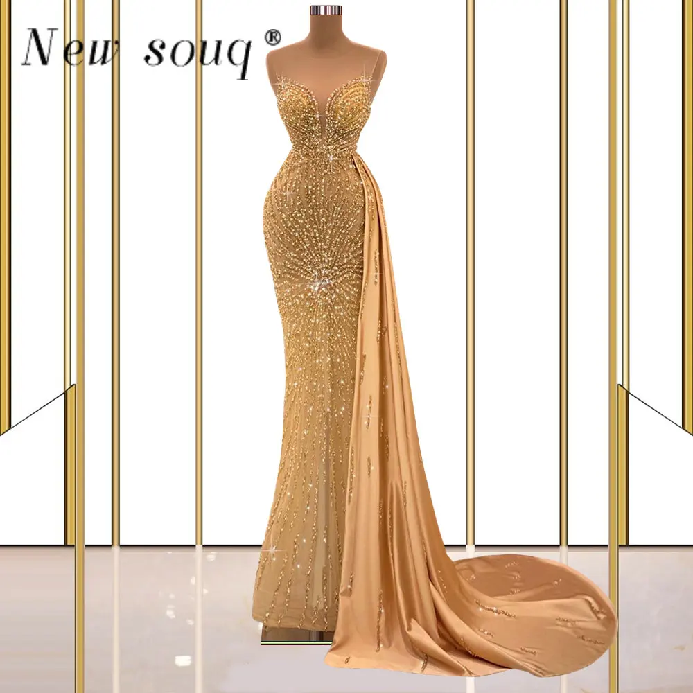

Женское вечернее платье-русалка, золотистое блестящее длинное платье с боковым шлейфом, без рукавов, для торжества, праздника, торжества, на заказ