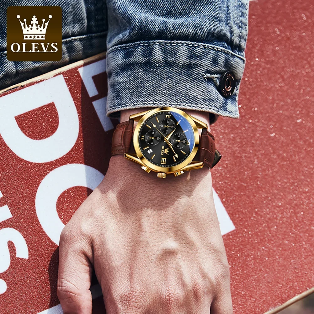 OLEVS 2872 Quartz Multifunctional Exquisite Men Wristwatches, PU Strap Sport Waterproof Watches For Men Luminous Chronograph 6