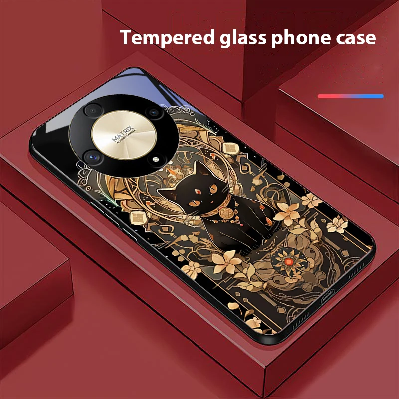 Black Gold Cat Design Tempered Glass Phone Case