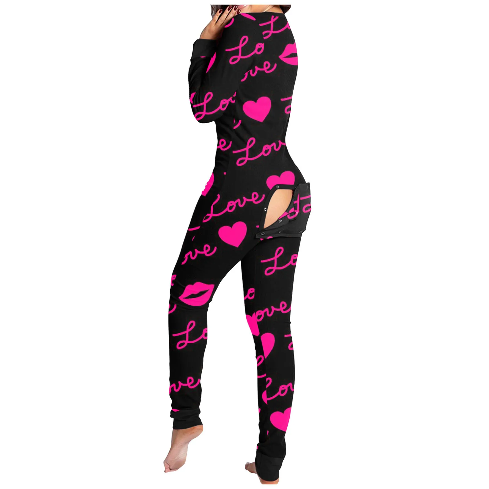 Women Bodysuit Sleep Wear Set Love Letter Print Onesies With Butt Flap For Adults Valentine Sexy Sleepwear Romper Women's Jumpsuit Open Butt Pajamas Nightwear
