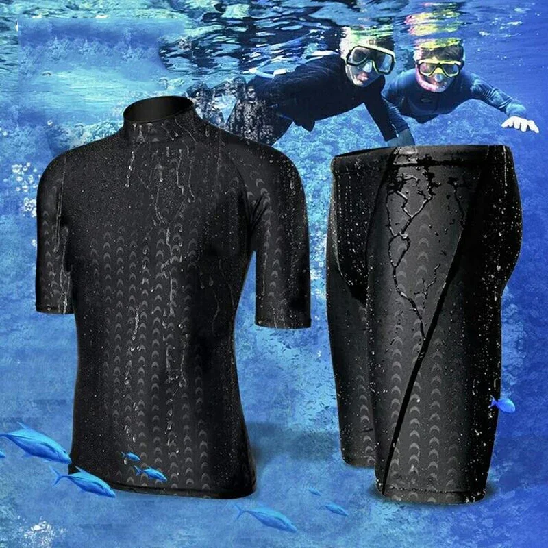 (L-6XL)Men Teens Short Sleeve Sharkskin Swimsuit Set Swimming Shirt+Shorts Surfing Diving Beach Quick-Drying Tight Swimwear
