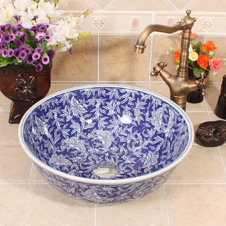 

China Painting blue and white Ceramic Painting Art Lavabo Bathroom Vessel Sinks Round counter top deep basin sink