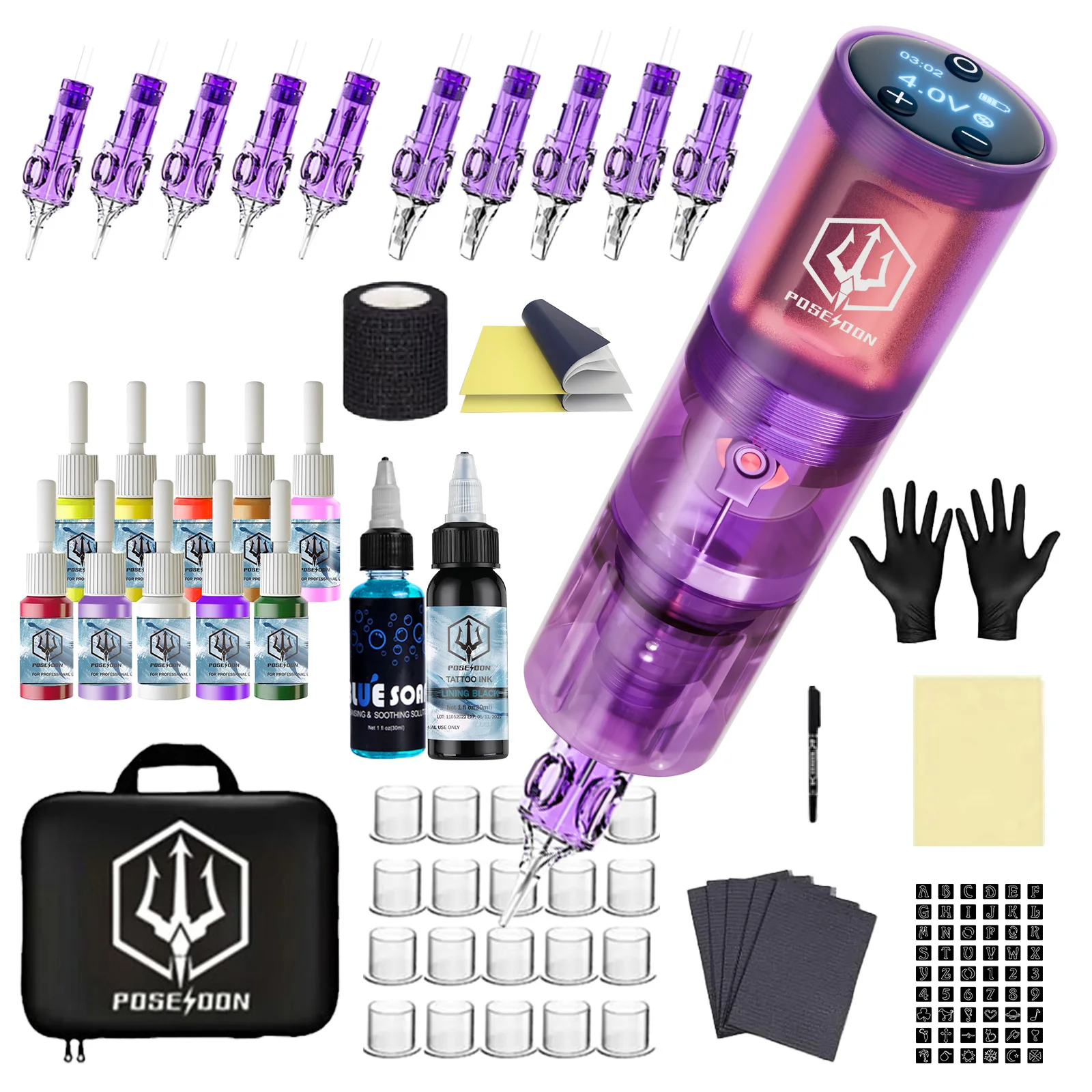 POSEIDON Tattoo Kit Purple Tattoo Pen Kit For Permanent Makeup Machine High Power Power Supply Gun tattoo supplies tattoo kit