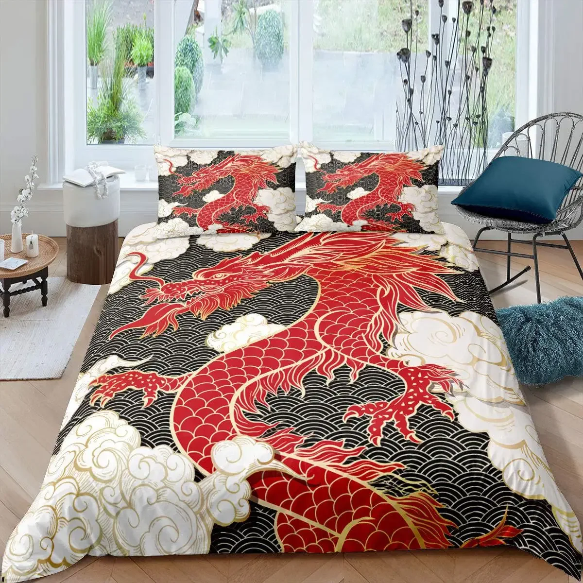 Red Black Dragon Printed Duvet Cover Sets Queen Chinese Dragon Pattern Bedding Set 3 Pieces Comforter Cover Sets Bedroom Decor