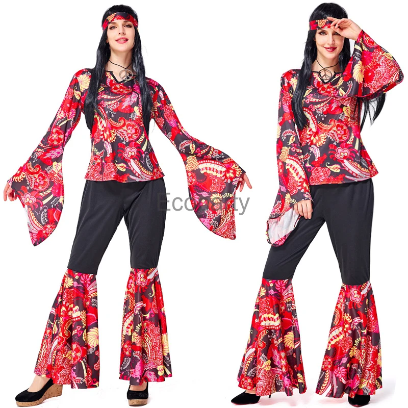 

3pcs Halloween Women's 60s 70s Hippie Costume Suit Retro Disco Party Stage Performance Clothing For Female Purim Fancy Dress Up