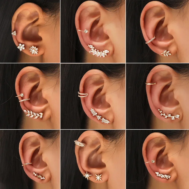 

1 Set Cartilage Conch Fake Piercing Cuff Earring Earcuff Pack Rock Earring Cuff No Piercing Women Crystal Clip Ear Adjustabl
