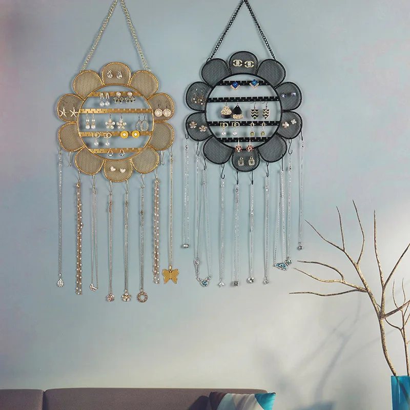 Wall Mounted Sunflower Shape Jewelry Rack Hanging Necklaces Bracelets Holder Grid Shape Display Hooks for Earrings Woman Storage