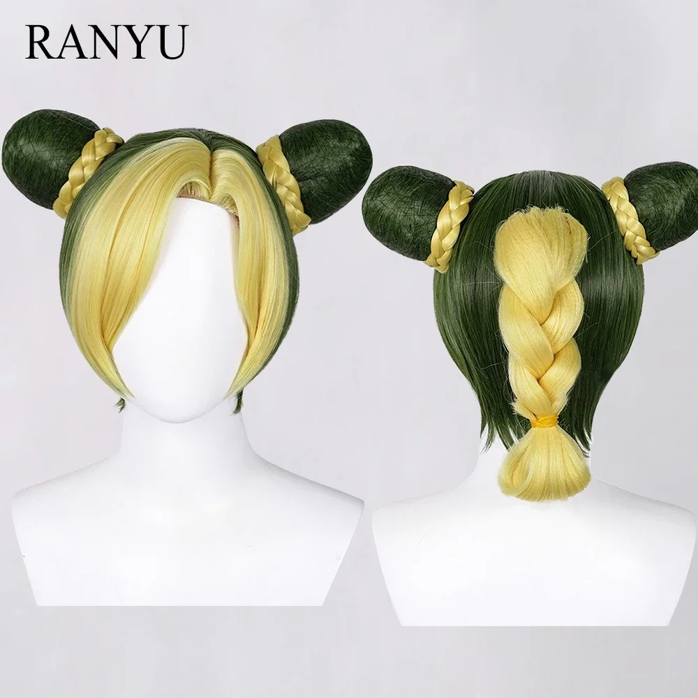 

RANYU Women Synthetic Wig Short Straight Ombre Yellow Green Anime Cosplay Buns Braids Hair Heat Resistant Wig For Party