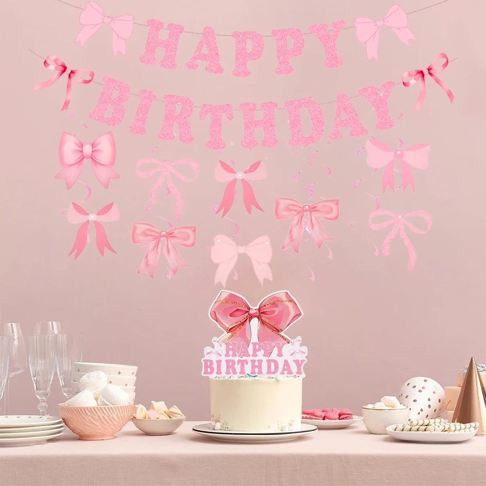 Banner di buon compleanno con fiocco 3 pezzi fiocco coquette decorazioni per feste di compleanno glitter rosa coquette banner di compleanno fiocco forniture per feste a tema per ragazza principessa