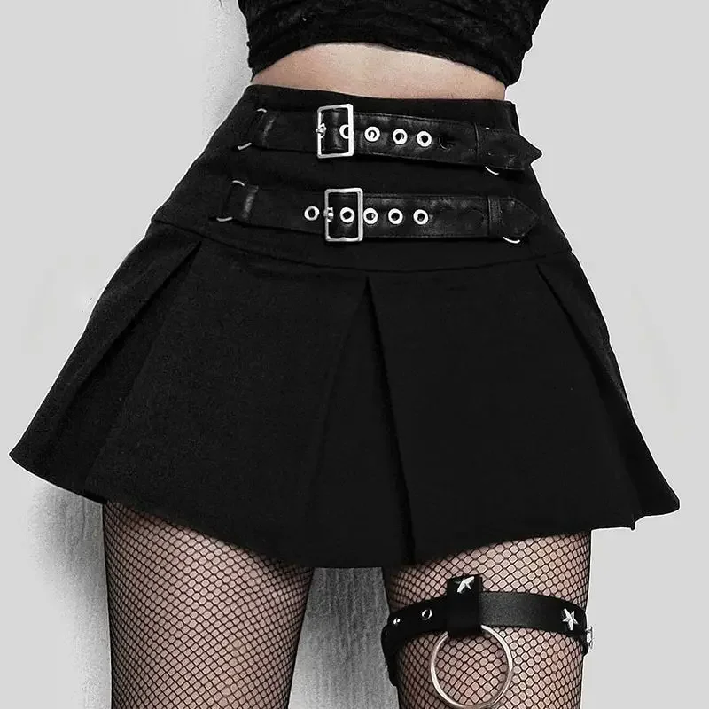 

Harajuku Punk Gothic Black High Waist Black Skirt Women Sexy Y2k E-girl Belted Sashes Ruffles Street A-line Pleated Mini Skirts