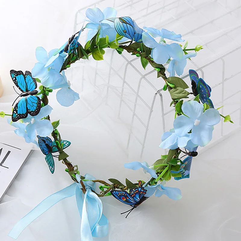 모조 나비 꽃 덩굴 화환 헤어 후프, 보호 꽃 화환 리본, 웨딩 신부 헤드피스, 쥬얼리 머리 장식