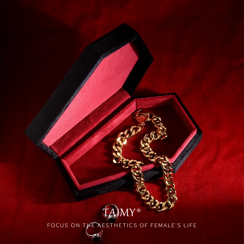 TAIMY Gothic Plush Velvet Coffin Shape Jewelry Storage Box Free Custom Patterns Festive Party Halloween Thriller Gift Packging
