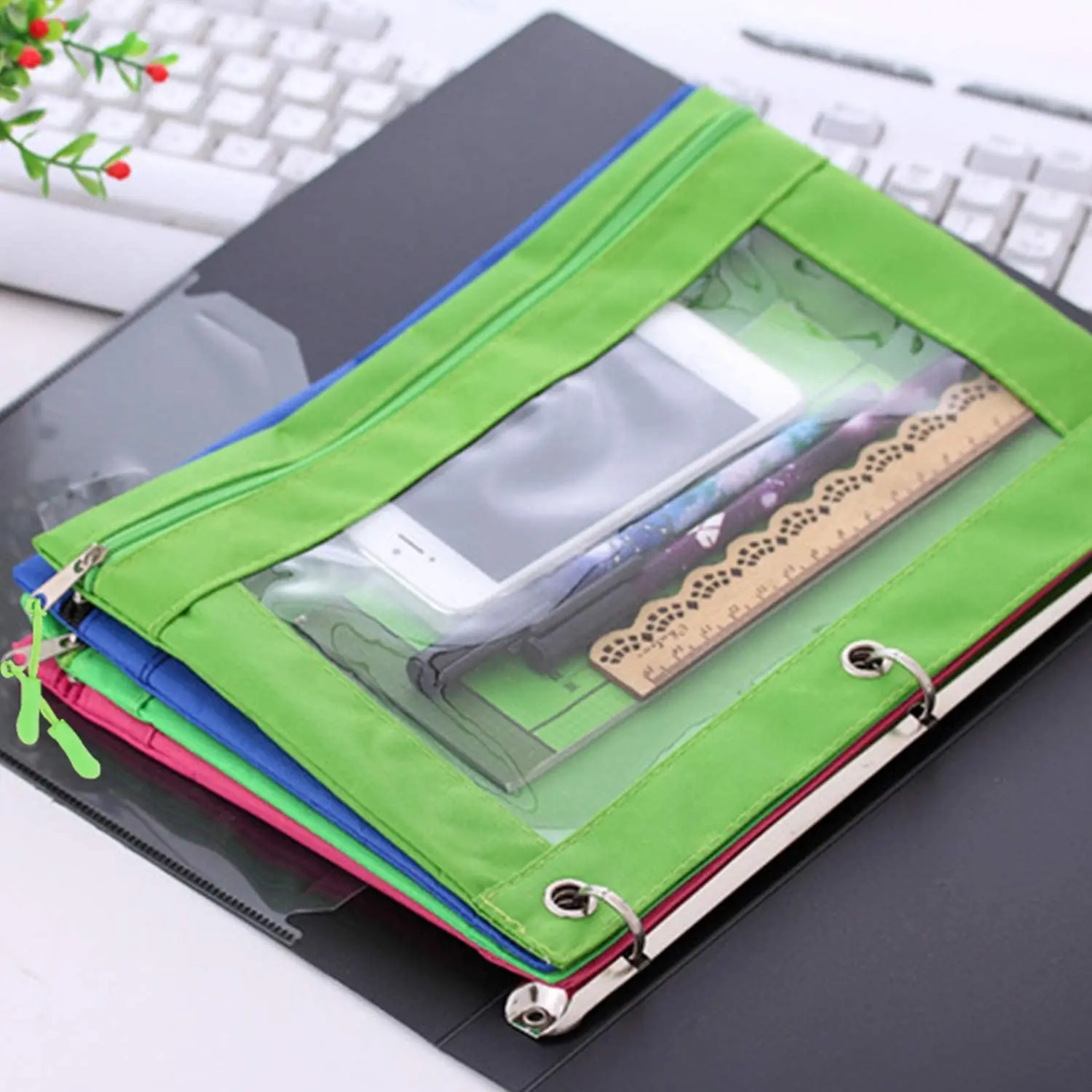 1Pcs Zippered Binder Pencil Bag Pouch with Ring Rivet 3 Holes File Holder  Storage Bag Filing Products School Office Supplies