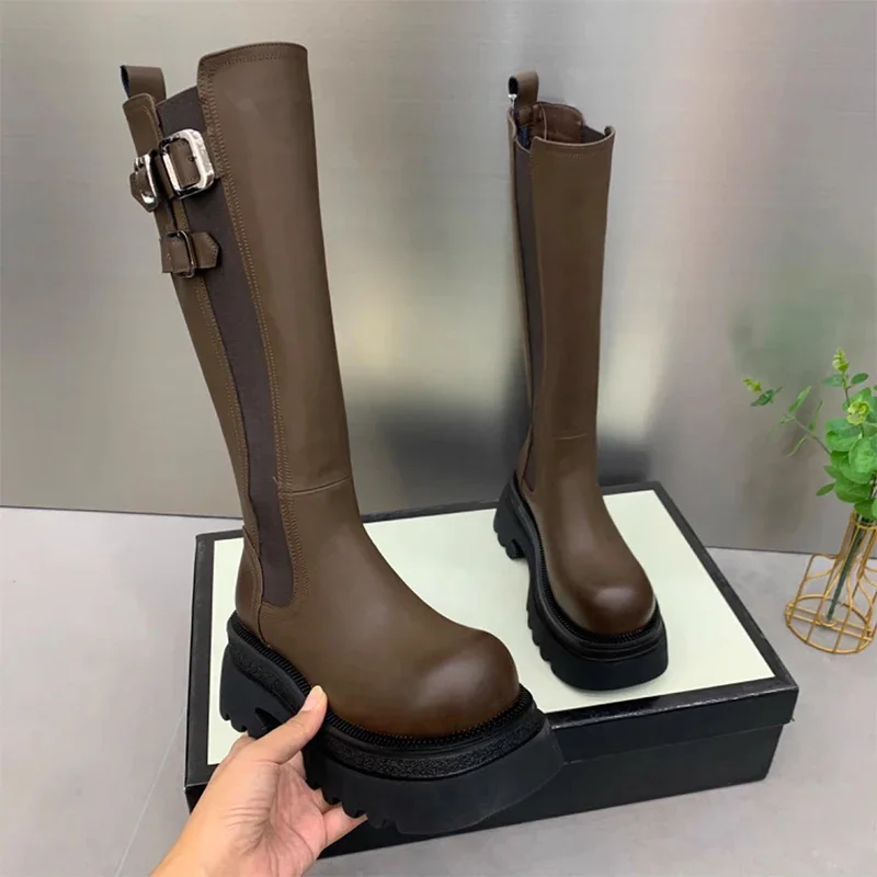 

Flats Women Knee High Long Boots 2024 Winter Platform Shoes New Designer Brand Chelsea Boots PU Leather Motorcycle Femme Botas