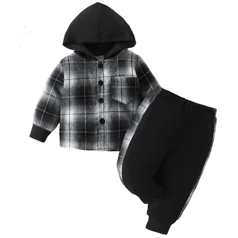 2Piece Sets Spring Autumn Boy Outfits Newborn Clothes Korean Casual Fashion Plaid Hooded Coat+Pants Baby Boutique Clothing BC775