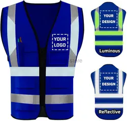 Sapphire Blue Flame Retardant Reflect Custom Personalize Surveyor Logo Print Safety Vest For Construction With Pocket