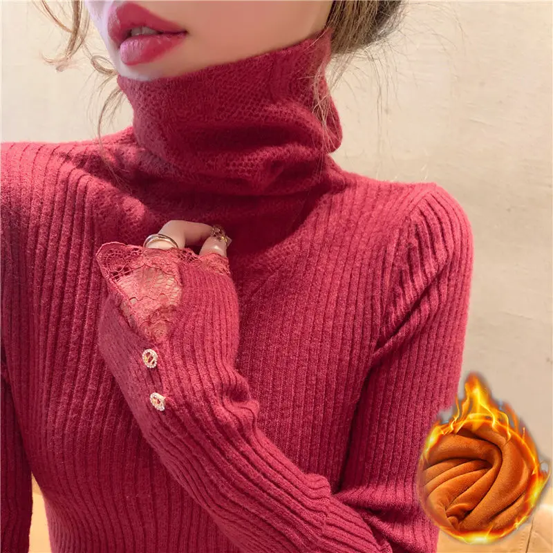 

2023 Autumn and Winter Women's Wear Stacked Collar Knitted Bottom with Lace Splice Fashion Slim Fit Versatile High Collar Top