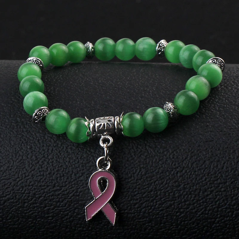 5 Color Breast Cancer Awareness Pink Ribbon Charm Bracelet 5 Color Cat Eye Opal 8mm Beads Bracelets & Bangles 5