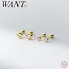WANTME 925 Sterling Silver Simple Round Luxury Zircon Screw Beads Small Stud Earrings for Women Fashion Piercing Jewelry Gift