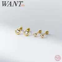 WANTME 925 Sterling Silver Simple Round Luxury Zircon Screw Beads Small Stud Earrings for Women Fashion Piercing Jewelry Gift