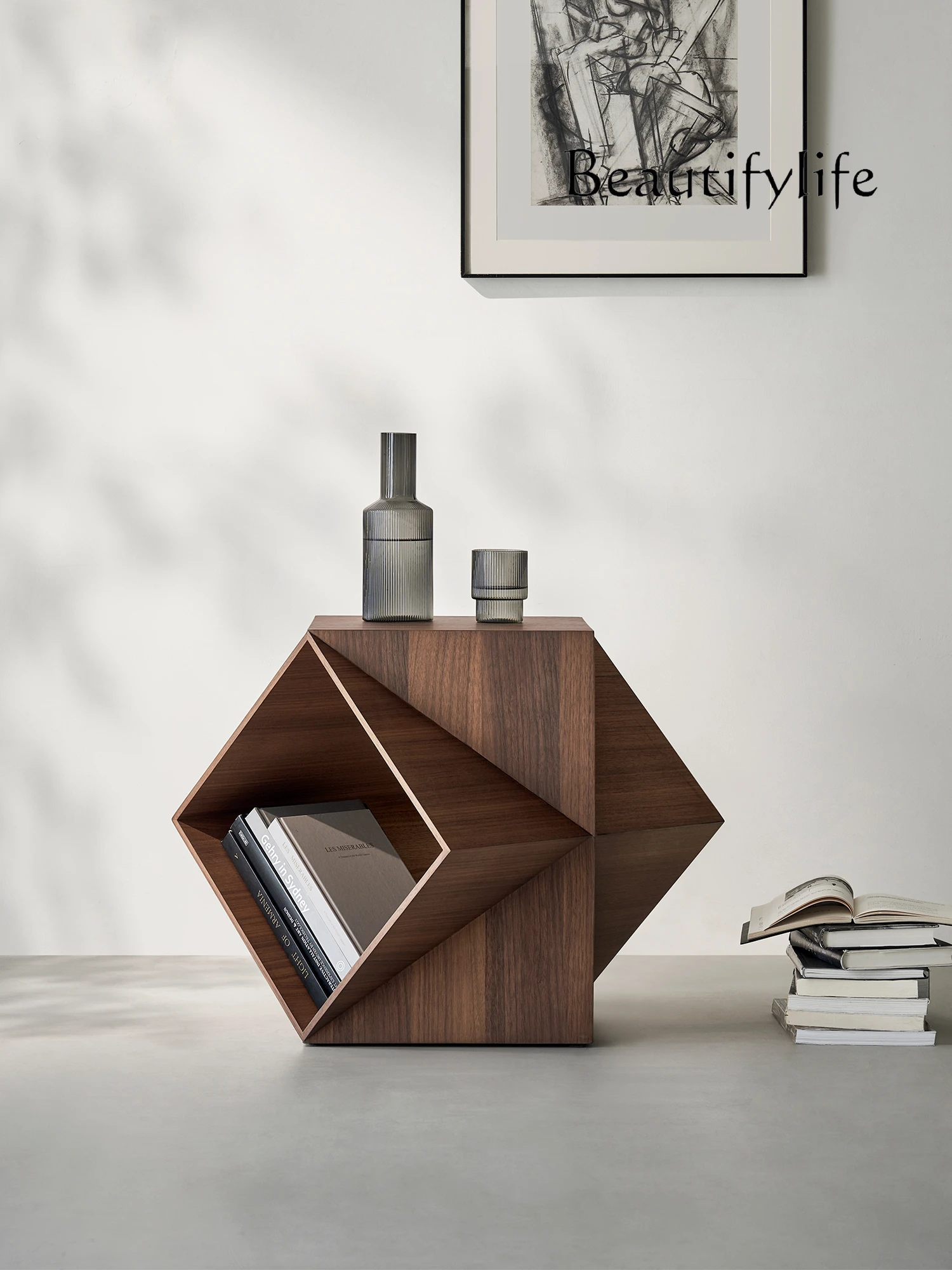 

Polyhedron Corner Table North America Black Walnut Art Sofa Side Table Solid Wood Simplicity Mobile Coffee Table