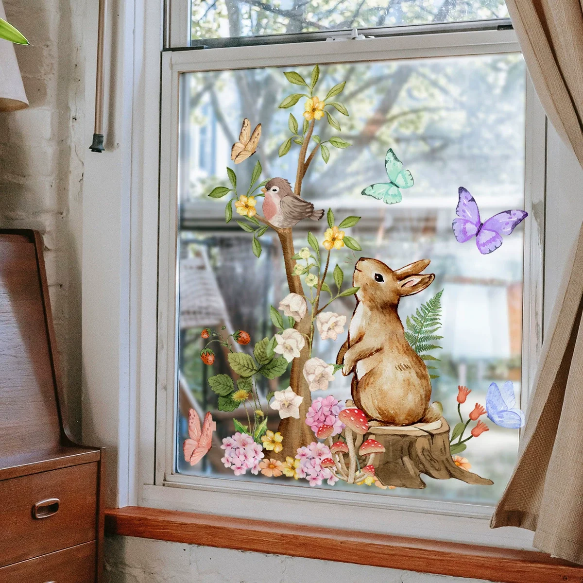 Cartoon Bunny DIY Glass Decals Happy Easter Window Stickers Cute Rabbit Egg Flower Static Sticker Easter decorations Spring