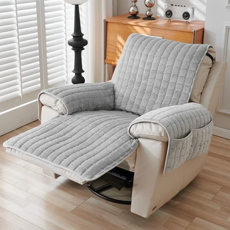 1Seater Recliner Sofa Covers Flannel Plush Armchair Slipcovers Pockets Relax Recliners Sofa Mat Chair Cover Home
