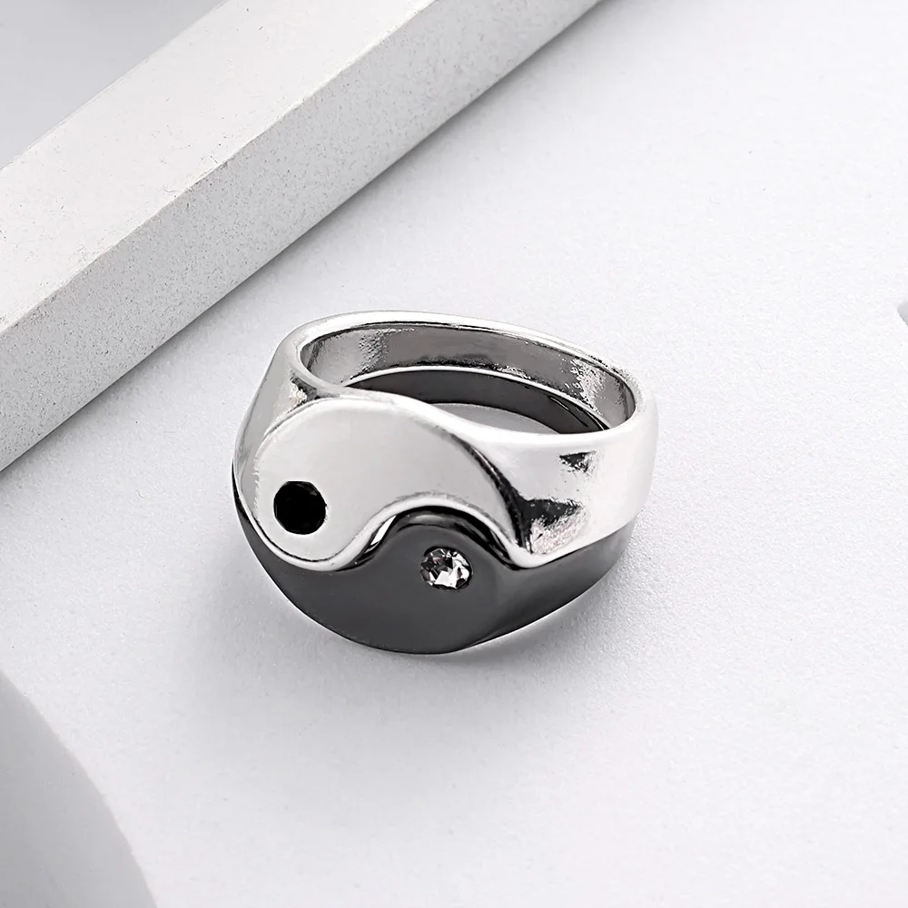 1Pair Yin Yang Gossip Rings For Men Women Vintage Punk Metal Drop Oil Tai Chi Paired Ring Set Couple Ring Jewelry Friend Gifts 4