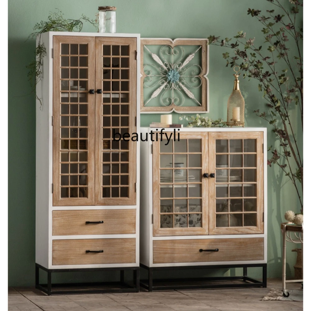 

French Retro Sideboard Cabinet Solid Wood Glass Wine Cabinet Living Room Wall Clothes Closet Storage Cabinet