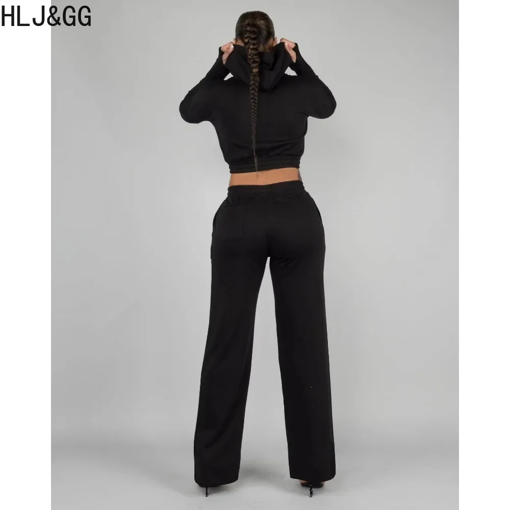 HLJ&GG Black Casual Hooded Wide Leg Pants Two Piece Sets Women Zipper Long Sleeve Crop Top + Pants Tracksuit Female 2pcs Outfits