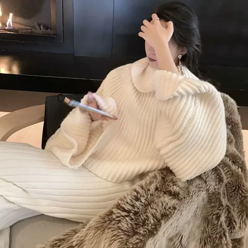 Loose Casual Thick Pants Women Autumn Winter Lazy Solid Colors Knitted Full Length Trousers Simple Home Wear Warm Loungewear