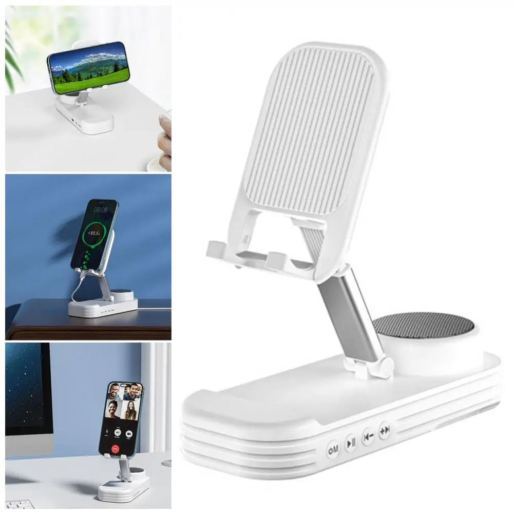 Cell Phone Stand With Wireless Bluetooth Speaker Foldable Adjustable Mobile Phone Holder Anti-Slip Design Phone Support
