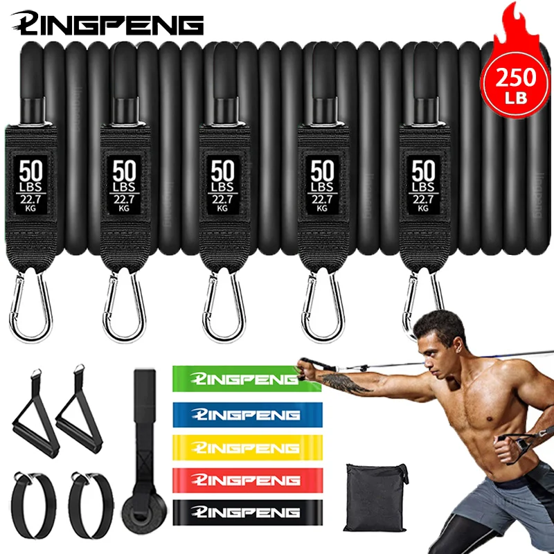 250LBS Resistance Exercise Bands 5 Tube Set with Door Anchor Handles Bag Ankle Straps for Muscle Training Home Workouts | Спорт и