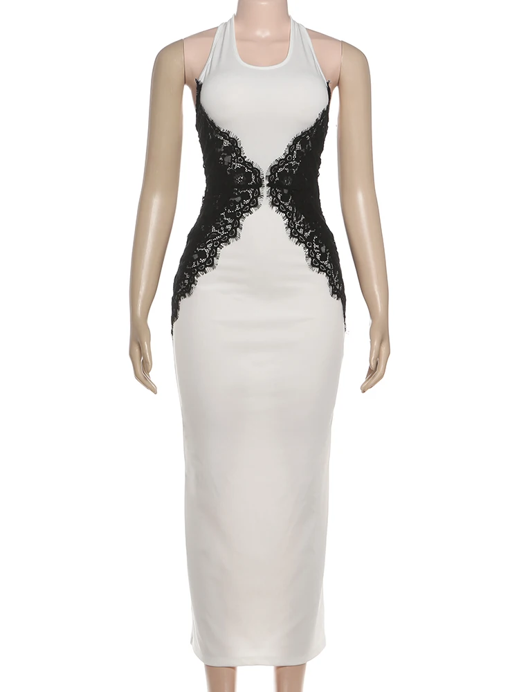 Nibber Patchwork Lace Maxi Dress Women Sleeveless o-Neck Halter Backless Fashion See Through Skinny Elegant Prom Party Vestidos