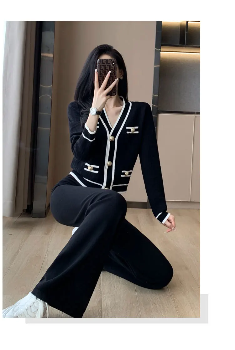 Tesco Women's Suit Blazer And Pants Knitting 2 Pieces Set High Quality Cardigan And Wide Leg Pants For Office Lady ropa de mujer