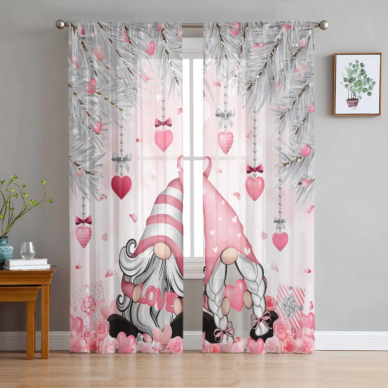 

Тюлевые шторы на День святого Валентина, розовые розы, сердца, гном, тюлевые занавески для гостиной, кухни, украшение для окна, зеркальные занавески