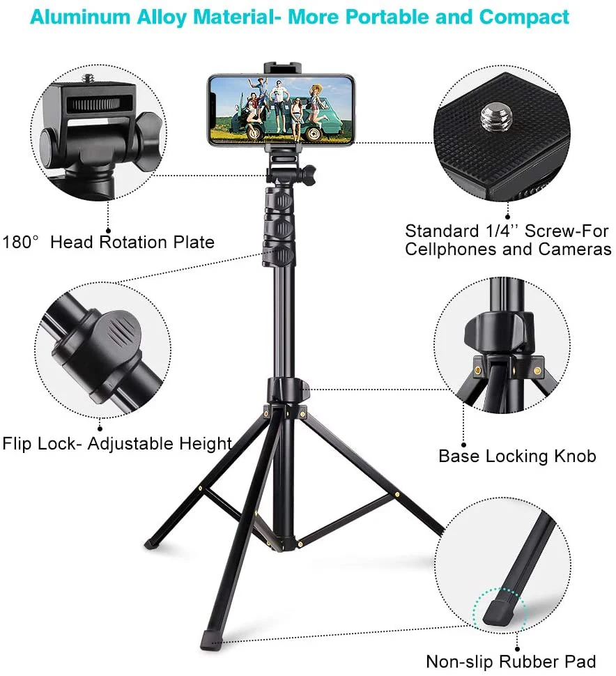 Selfie Stick Tripod Mobile Phone Stand with Bluetooth Remote 1/4 Screw for iPhone iPad Tablet Camera Ring Lamp