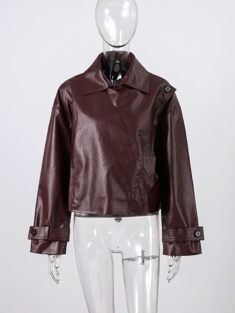Damen-Lederjacke, Stehkragen, rote Bombermäntel, Herbst 2022, weiblich, langärmelig, schräge Öffnung, Knopf-Top, schicke Damen-Oberbekleidung – Detail 5