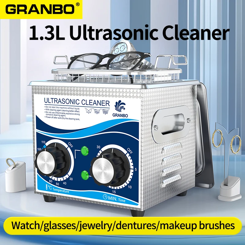 Granbosonic 120W Stainless Steel Ultrasonic Cleaner 1.3L Bath Household Appliance Commercial Jewelry Spark Plug Washer 1