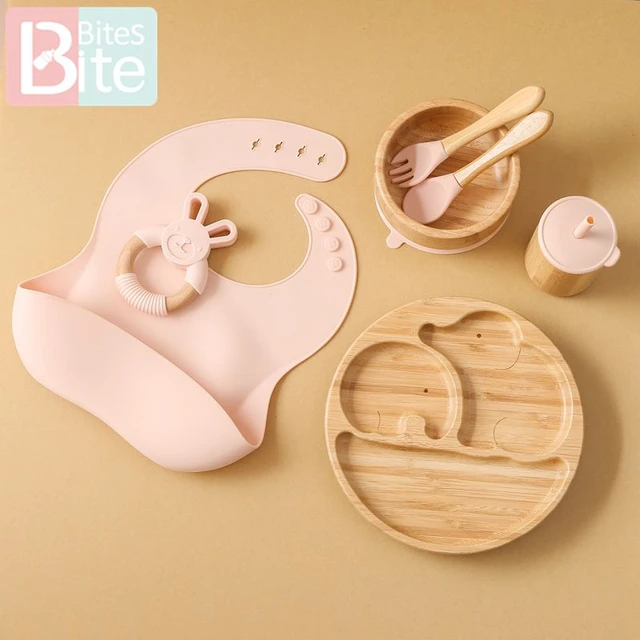 6Pcs Baby Feeding Set Wooden Clouds Dinner Plate Baby Silicone Bowl Water  Cup Kids Bamboo Wood Fork Spoon Dinnerware Baby Gift - AliExpress